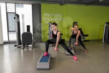 Strong Young Women Doing Exercise With Dumbbells In The Gym