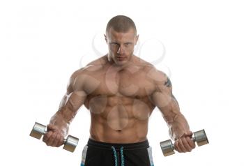 Young Muscular Bodybuilder Guy Doing Exercises With Dumbbells Over White Background