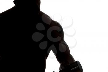 Silhouette Young Muscular Bodybuilder Guy Doing Exercises With Dumbbells Over White Background