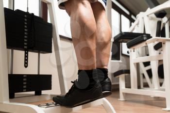 Bodybuilder Doing Heavy Weight Exercise For Legs Calves