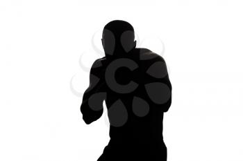 Silhouette Muscular Boxer MMA Fighter Practice His Skills - Isolated On White Background