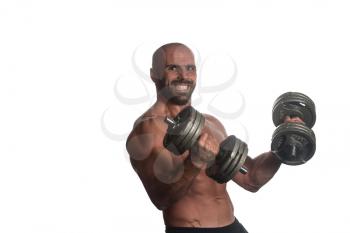 Adult Muscular Bodybuilder Guy Doing Exercises With Dumbbells Over White Background