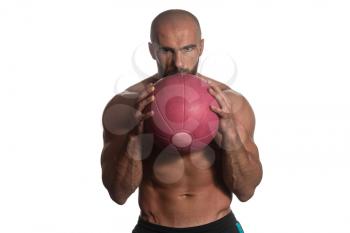Muscular Sports Guy With Medicine Ball - Isolated On White Background