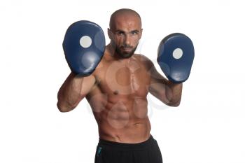 Muscular Sports Guy Boxing Workout Over White Background Isolated