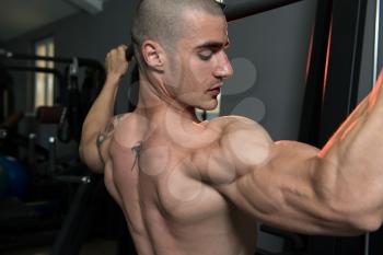 Young Bodybuilder Doing Heavy Weight Exercise For Back On Machine