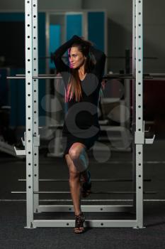 Beautiful Young Woman With Long Hair In A Black Skirt Posing In Gym - Squat Cage
