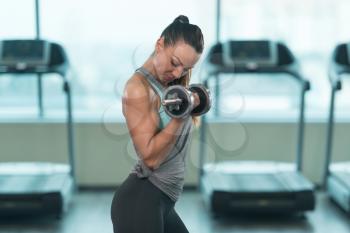 Young Fitness Woman Working Out Biceps In Fitness Center - Dumbbell Concentration Curls