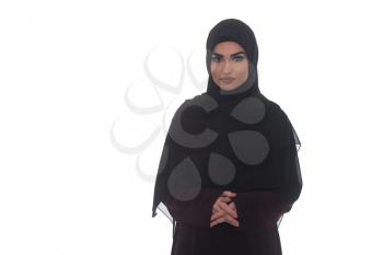 Fashion Portrait Of Young Beautiful Muslim Woman With Scarf Isolated On White Background