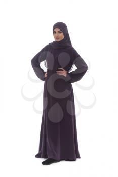Fashion Portrait Of Young Beautiful Muslim Woman With Black Scarf Isolated On White Background