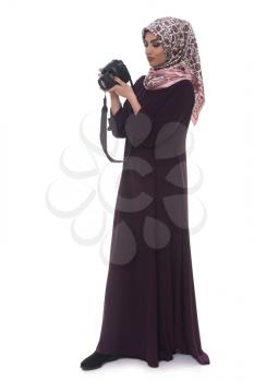 Arab Woman Photographer Holding A Dslr Camera Isolated On A White Background