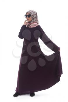 Fashion Portrait Of Young Beautiful Muslim Woman With Black Scarf And Sunglasses Isolated On White Background