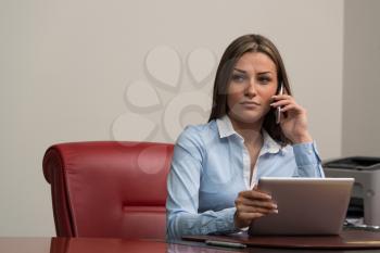 Beautiful Young Woman Working On Computer And Talking On Phone- Businesswoman Working Online