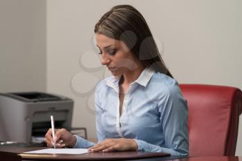 Portrait Of Attractive Businesswoman Reading Paper In Office - Notes Or Correspondence Or Signing A Document Or Agreement