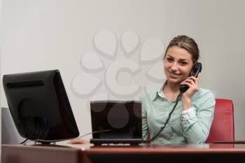Portrait Of A Busy Sales Woman Sitting In Office And Using Her Computer While Talking On Mobile - Businesswoman Working Online