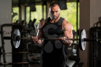Big Man Standing Strong In The Gym And Exercising Biceps With Barbell - Muscular Athletic Bodybuilder Model Exercise In Fitness Center