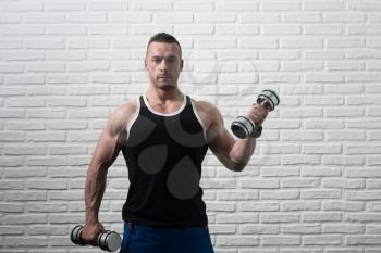 Bodybuilder Working Out Biceps With Dumbbells On White Bricks Background With Copyspace - Dumbbell Concentration Curls