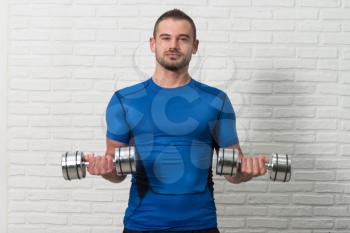 Personal Trainer Working Out Biceps With Dumbbells On White Bricks Background With Copyspace - Dumbbell Concentration Curls