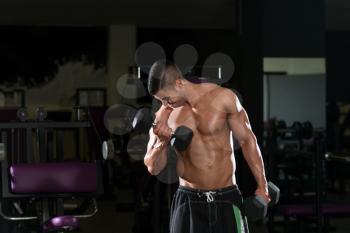 Young Man Working Out Biceps In A Dark Gym - Dumbbell Concentration Curls