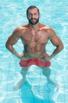 Portrait Of A Young Wet Sexy Muscular Man Standing In Swimming Pool