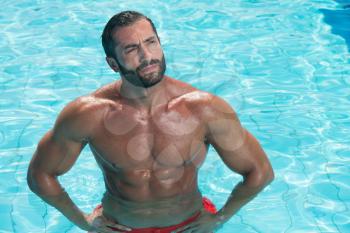 Portrait Of A Happy Attractive Muscular Man Posing In Swimming Pool