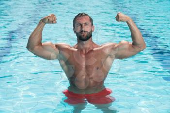Portrait Of A Young Wet Sexy Muscular Man Standing In Swimming Pool