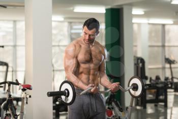 Healthy Hairy Man Working Out Biceps In A Fitness Center Gym
