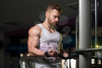 Handsome Muscular Fitness Bodybuilder In Undershirt Doing Heavy Weight Exercise For Biceps On Machine With Cable In The Gym