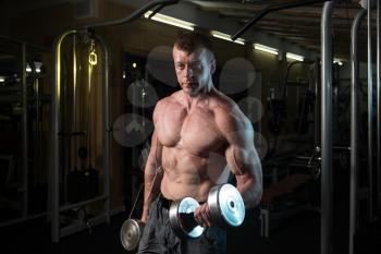 Man Working Out Biceps In Gym - Dumbbell Concentration Curls