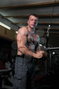 Handsome Muscular Fitness Bodybuilder Doing Heavy Weight Exercise For Triceps In The Gym