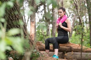 Young Woman Resting After Running In Wooded Forest Area - Training And Exercising For Trail Run Marathon Endurance - Fitness Healthy Lifestyle Concept