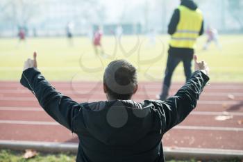 Back View of Young Man Sitting on Seat or Bleachers Sports Tribune and Cheering for His Favourite Team