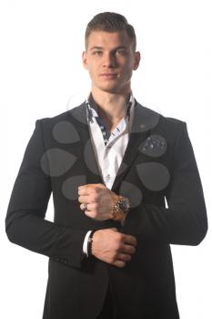 Handsome Young Business Man Wearing Black Suit Isolated on the White Background