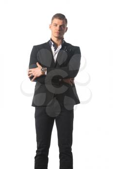 Handsome Young Business Man Wearing Black Suit Isolated on the White Background