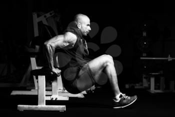 Strong Man In The Gym Exercising Triceps On Bench - Muscular Athletic Bodybuilder Fitness Model Exercise