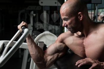 Strong Man In The Gym Exercising Biceps On Machine - Muscular Athletic Bodybuilder Fitness Model Exercise
