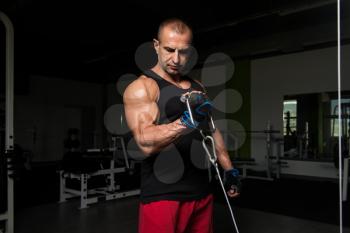 Man In The Gym Exercising On His Biceps On Machine With Cable In The Gym
