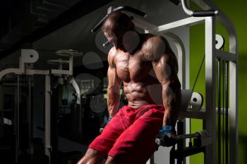 Muscular Fitness Bodybuilder Doing Heavy Weight Exercise For Triceps And Chest on Parallel Bars In The Gym