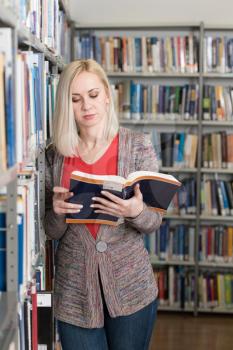 In the Library - Pretty Female Student With Books Working in a High School - University Library - Shallow Depth of Field