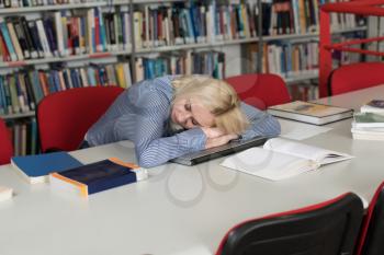 In the Library Pretty Female Student With Books Sleeping in a High School - University Library - Shallow Depth of Field