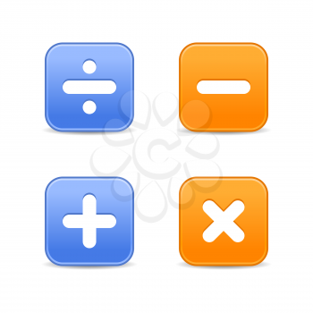 Satin calculator icons. Orange and blue web buttons with shadow on white background
