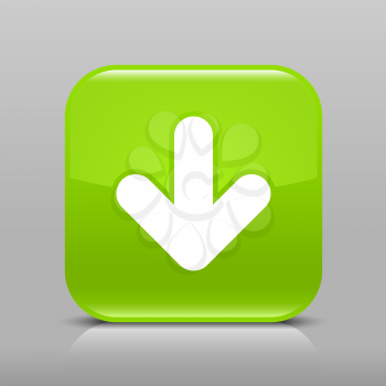 Green glossy web button with arrow download sign. Rounded square shape icon with shadow and reflection on light gray background