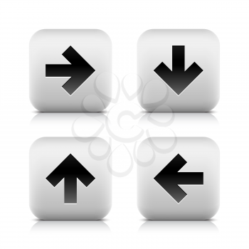 Black arrow icon web sign. Right, down, left, up glyph. Series stone style. Rounded square button with shadow and reflection on white background
