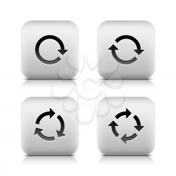 4 icon set with arrow sign (volume 02). Series in a stone style. Rounded square button with black shadow and gray reflection on white background