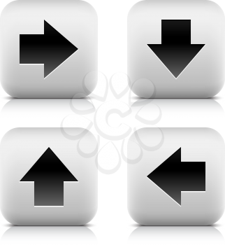 Stone web button arrow sign. Next, download, previous, upload black glyph. Gray rounded square shape icon with shadow and reflection on white background