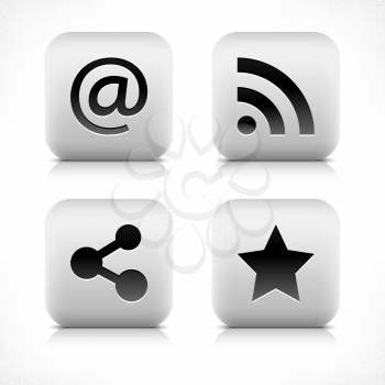Stone web 2.0 button at, rss, share, star symbol sign. White rounded square shape with black shadow and gray reflection on white background