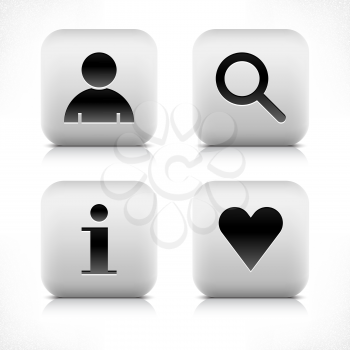 Stone web 2.0 button user, loupe, info, heart symbol sign. White rounded square shape with black shadow and gray reflection on white background