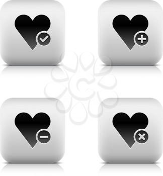 Stone web 2.0 button favorite heart icon and check mark, plus, minus, delete sign. Satined rounded square shape with black shadow and gray reflection on white background