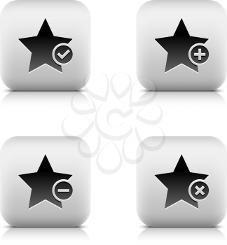 Stone web 2.0 button star icon and check mark, plus, minus, delete sign. Satined rounded square shape with black shadow and gray reflection on white background