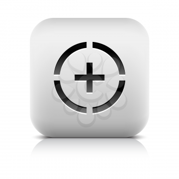 Stone web button plus sign in circle symbol. White rounded square shape icon with black shadow and gray reflection on white background