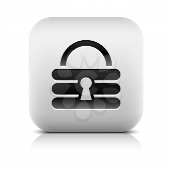 Padlock icon web sign. Rounded square button with black shadow and gray reflection on white background. Series in a stone style